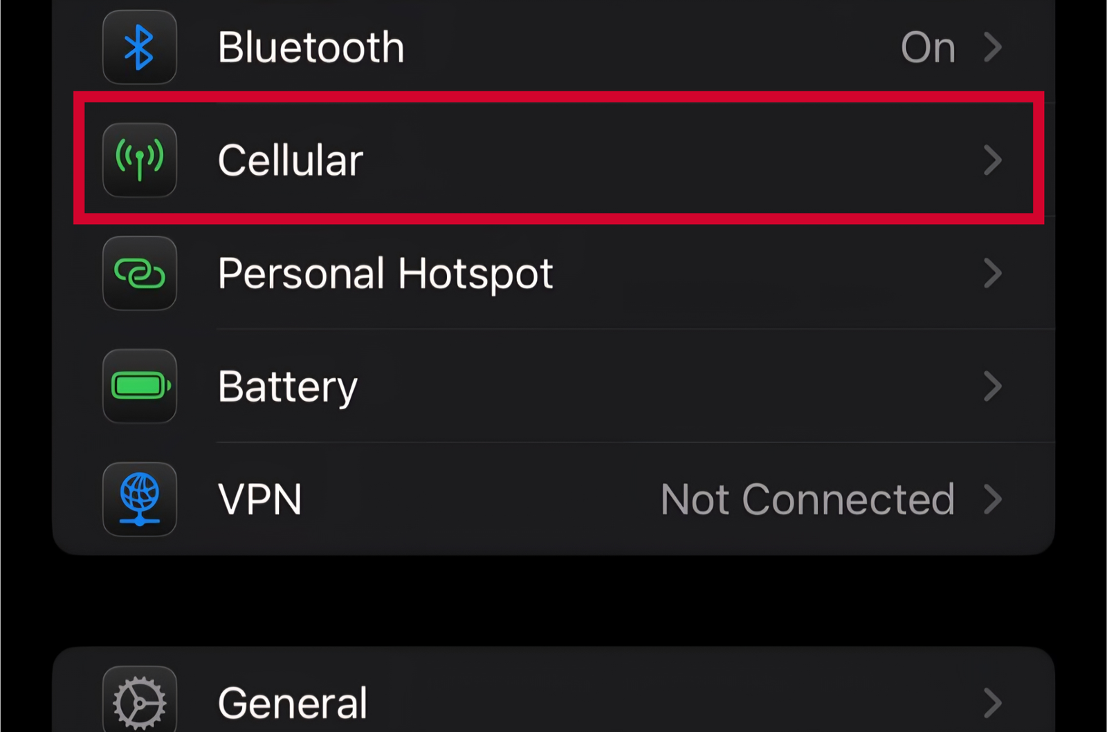 iOS Cellular Settings Screenshot